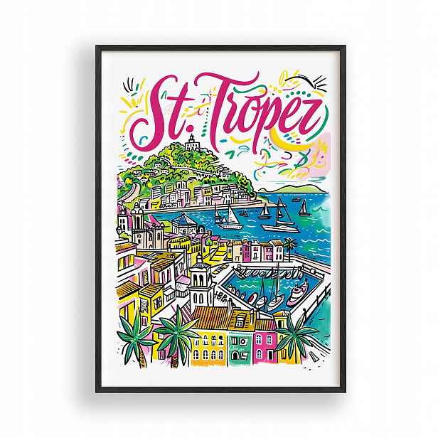 Plakát Nástěnná Dekorace na plakát s motivem Saint-Tropez, dřevěný Rámeček černá, 30x42 cm