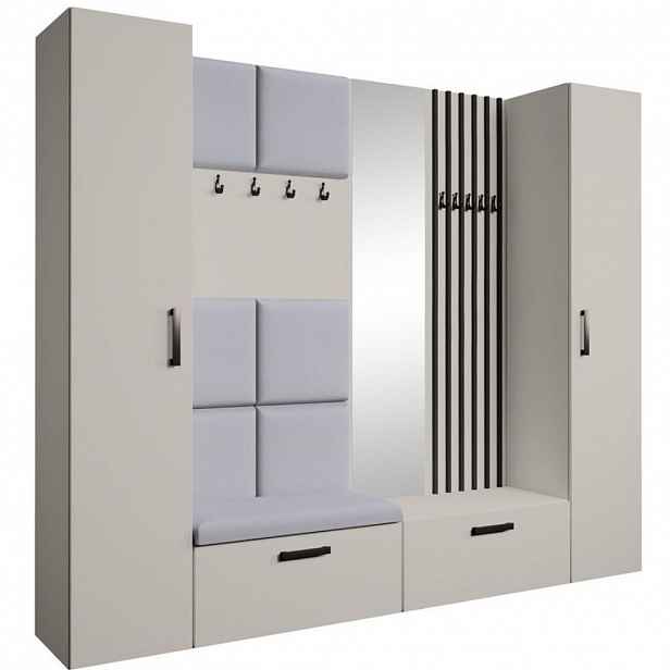 Beautysofa PŘEDSÍŇOVÁ sestava Margaret XL 242/203/43 s čalouněnými panely / lamelami / zrcadlem, kašmírová|černá