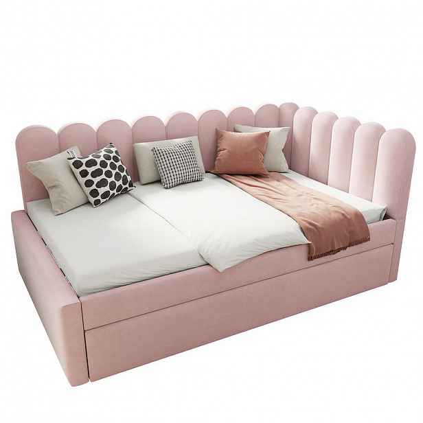 OKWISH ČALOUNĚNÁ postel 140/200 cm růžová z textilu s výsuvným lůžkem a L tvarem