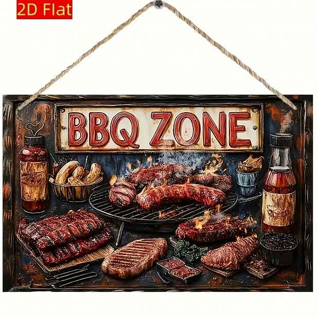 TEMU 2D Plochá Nástěnná Deska s Grilovací Tématikou Kompatibilní pro BBQ Zónu - Umělé Dřevo Maso & Koření Umělecký Znak 7,87x5 Palců - Rustikální