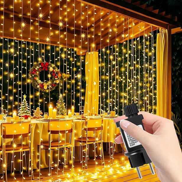 Yibonika Světelný Závěs 6 m x 3 m 600 Led Venkovní voděodolná Vánoční