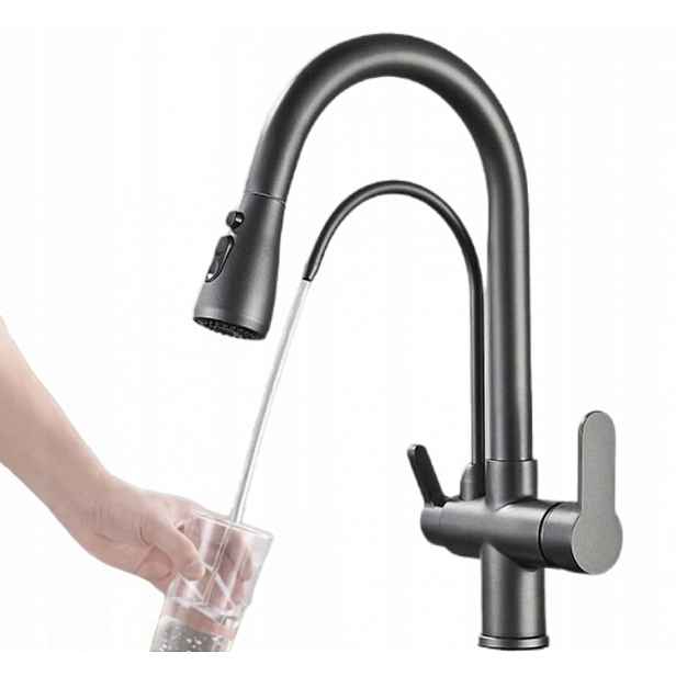 Kuchyňská Baterie Třícestná Filtr Vytahovací Sprcha Šedá