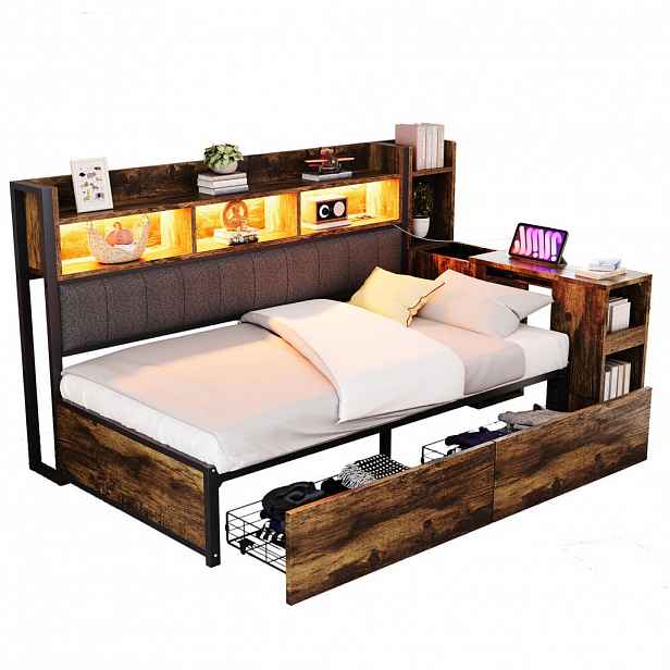 OKWISH MULTIFUNKČNÍ postel 90/200 cm bílá a přírodní dřevo z kovu a dřeva s úložným prostorem a pracovním stolem