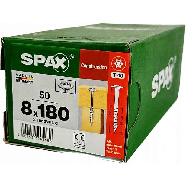 Šrouby pro dřevěné konstrukce 8x180 mm Spax Wirox Talířová hlava 50 Ks