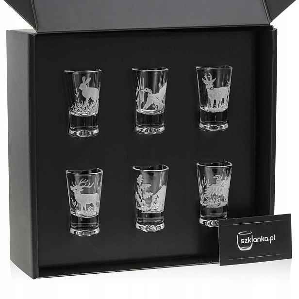 Lovecké sklenice na vodku s gravírováním a zdobením G0090 X-25 ml 6 Ks.