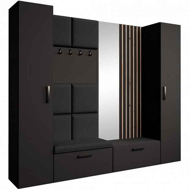 Beautysofa PŘEDSÍŇOVÁ sestava Margaret XL 242/203/43 s čalouněnými panely / lamelami / zrcadlem, černá
