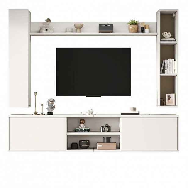 Modfu TV stěna z dřevotřísky 180x35x33,5 cm bílá se 2 nástěnnými skříňkami a policí, k zavěšení i postavení