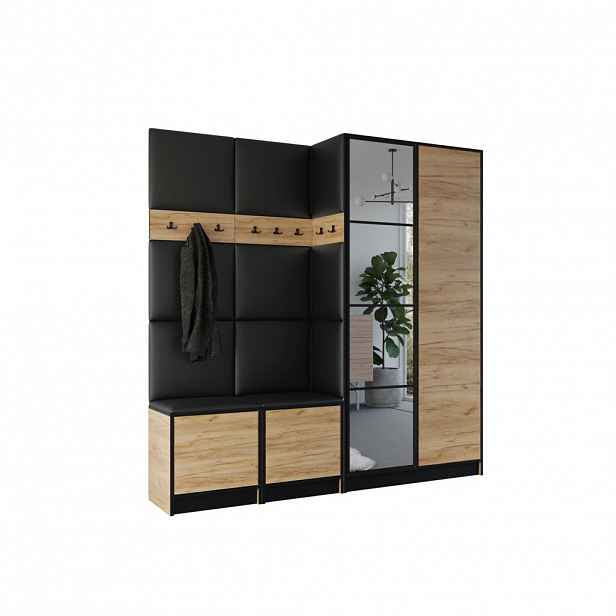 Kier Furniture ŠATNÍ SKŘÍŇ do předsíně EDEN 21 se zrcadlem - Dub Craft & Černá kůže