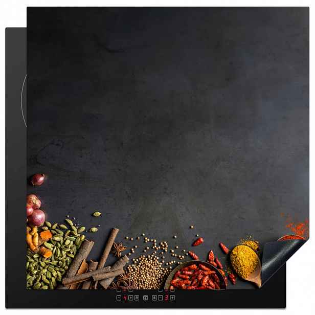 MuchoWow KRYT NA INDUKČNÍ DESKU Bylinky - Potraviny - Koření - Černá - Paprika - Skořice 78x78 cm