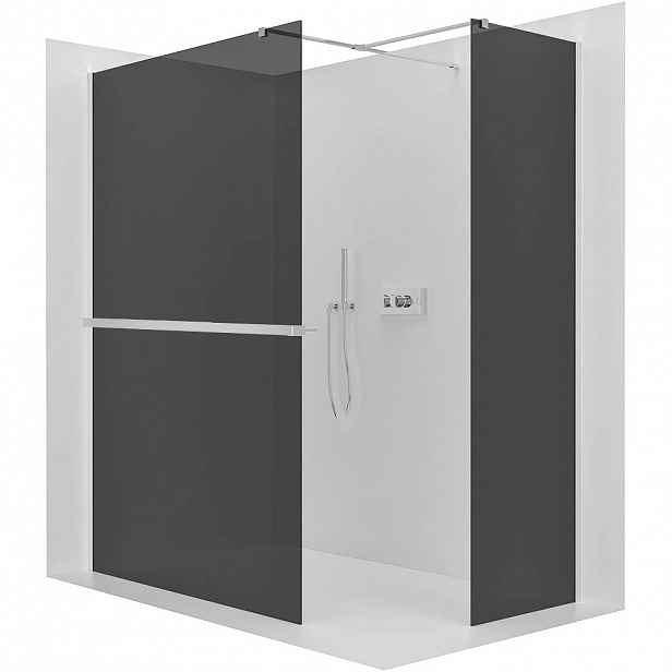 Sprchová zástěna Walk-in Onyx T L/P - 8 mm - hranatá vzpěra + polička/držák na ručníky - chrom, grafitové sklo- 160x130x200 cm