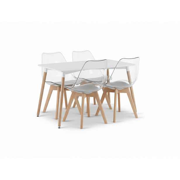 Jídelní set 1 + 4, bílý stůl ADRIA 120x80 cm + transparentní židle BALI MARK s bukovými nohami