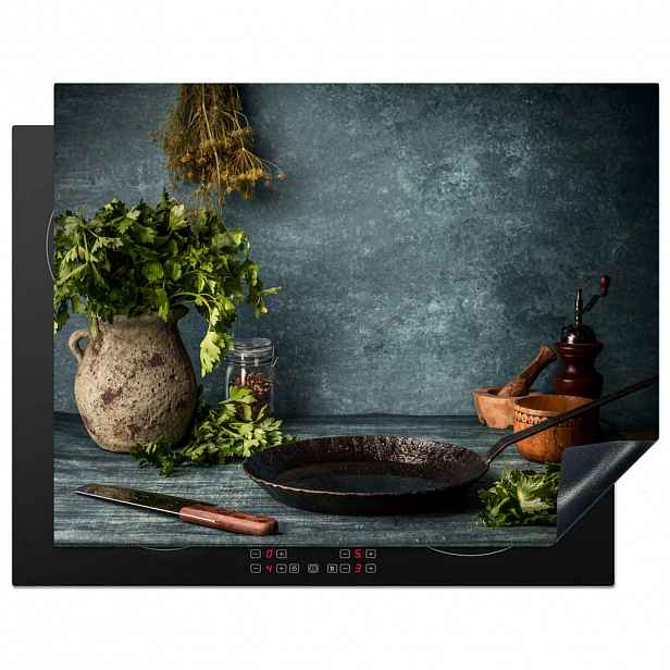 MuchoWow KRYT NA INDUKČNÍ DESKU Bylinky - Koření - Pánev - Nůž - Šedý - Rustikální 77x59 cm