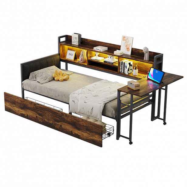 OKWISH JEDNOLŮŽKO 90/200 cm přírodní dřevo z kovu s LED, zásuvkami a výklopným stolem