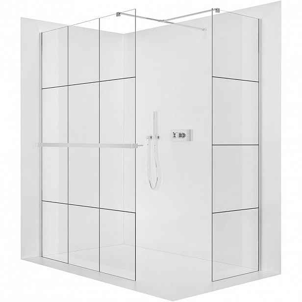 Sprchová zástěna Walk-in Onyx T L/P - 8 mm - hranatá vzpěra + polička/držák na ručníky - chrom, industriální sklo - 120x120x200 cm