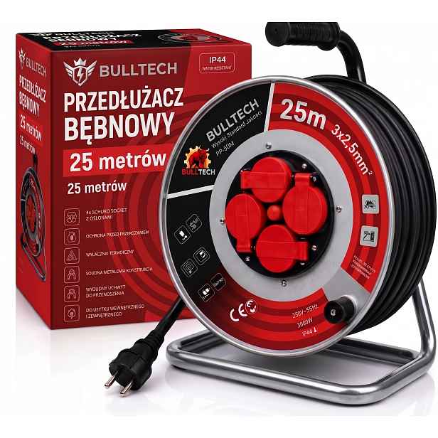 Prodlužovací Kabel Bubnová 25M 3X2,5mm² Silný Stavební Buben Kovová 4 Kontakty