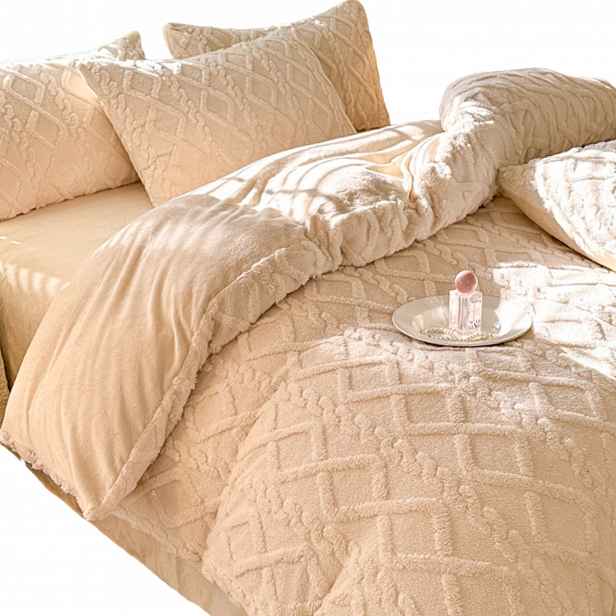 Sada Povlečení Fleecová Plyšová 200x220 2x 70x80 Ecru Teplá Měkká
