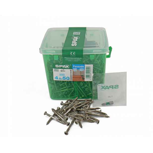 Šrouby Spax pro fasádní desku 4,5 x 50 mm, A2,TX stříbrné, kbelík 500 ks