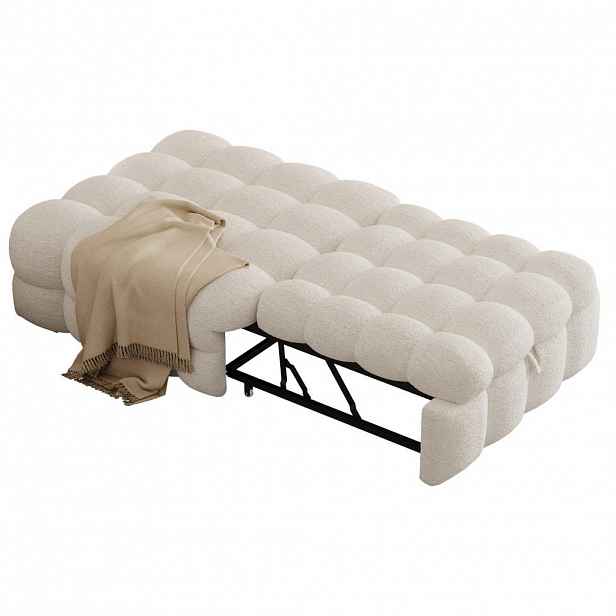 OKWISH ROZKLÁDACÍ taburet 183/76/42 cm béžový z imitace beránčí kůže sametu s funkcí lůžka