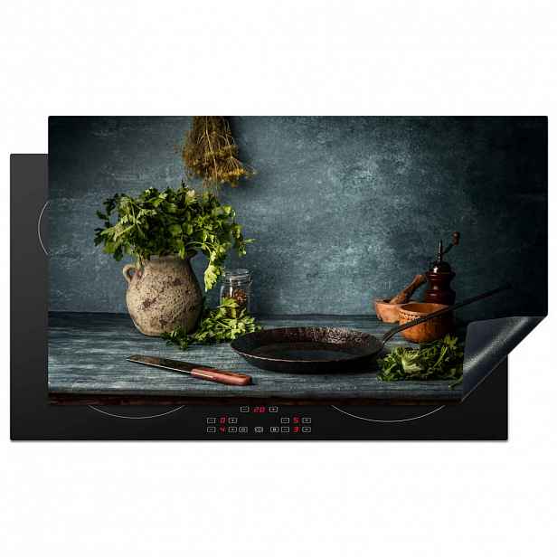 MuchoWow KRYT NA INDUKČNÍ DESKU Bylinky - Koření - Pánev - Nůž - Šedý - Rustikální 89.6x51.6 cm