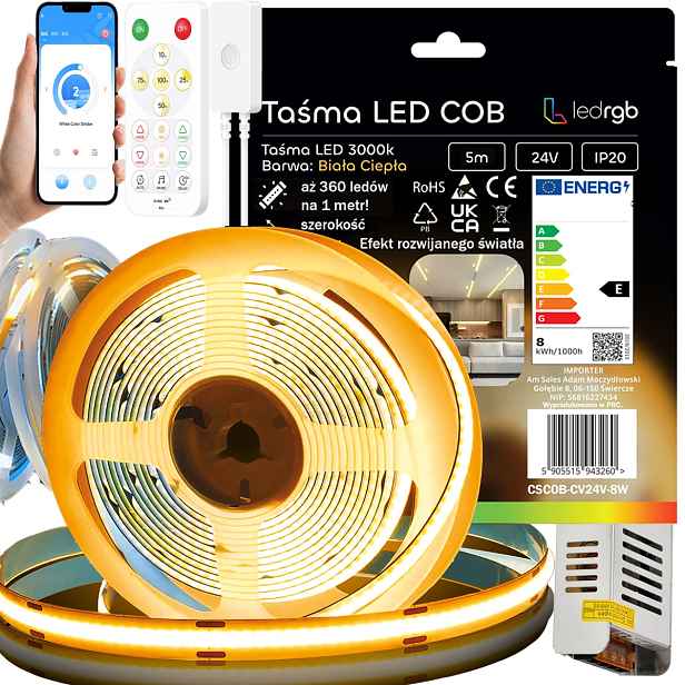 Sada Led Pásku Cob 5m 24V Bílá Teplá 3000K Digitální Tekoucí Dálkový Ovladač Apka