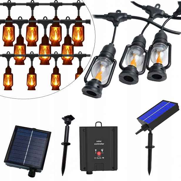 Solární Zahradní Girlanda Retro Světla 10x Led Lucerna Venkovní 6,5m IP44