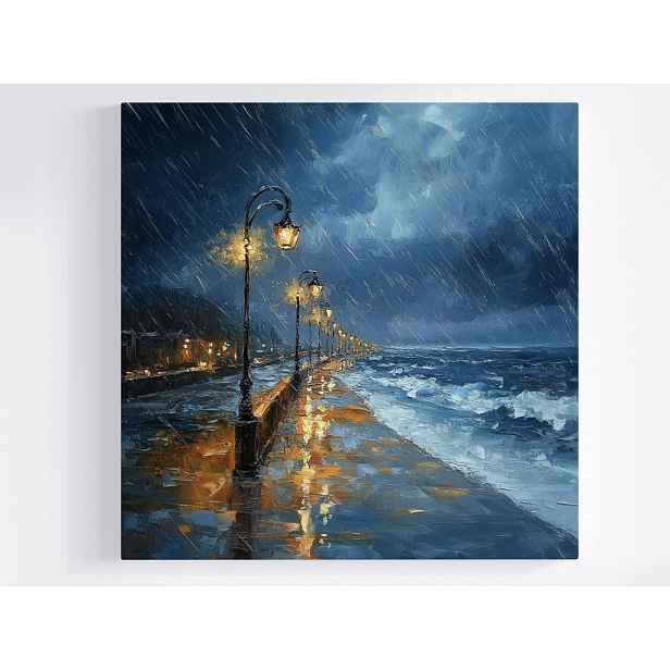 Obraz Na Plátně Canvas Moře Pláž Promenáda Déšť Bouře Vlny Noc 50x50