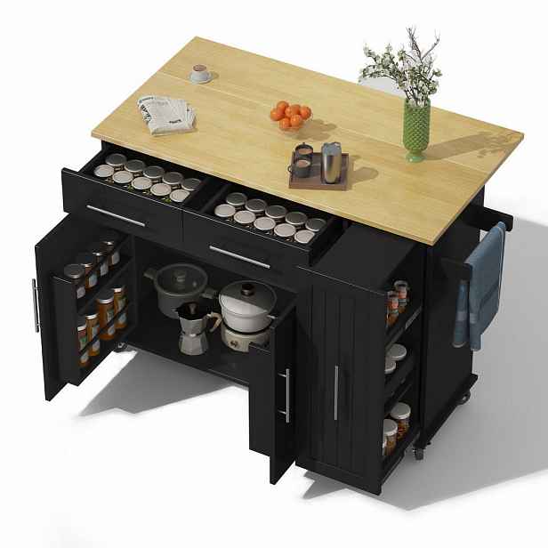 OKWISH KUCHYŇSKÝ ostrůvek 120/40(65)/90 cm černá/přírodní z MDF se sklápěcí deskou a kolečky