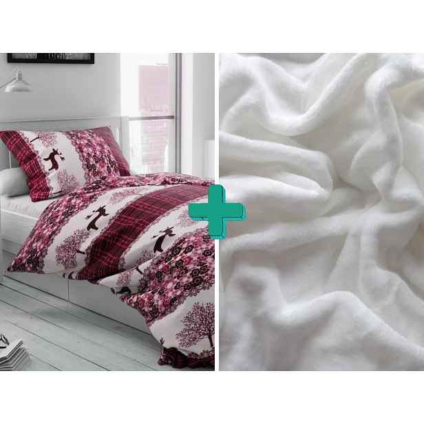 2x povlečení mikroplyš VÁNOČNÍ SOBI vínové + prostěradlo mikroplyš SOFT 180x200 cm bílé