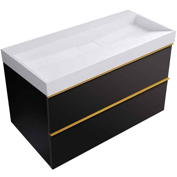 Koupelnová skříňka Velora - černá matná, úchytka zlatá + umyvadlo z lit. mramoru Vita - bílá lesklá - 100x63x46,5 cm