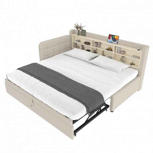 OKWISH DENNÍ postel 90/200 cm béžová z lnu a MDF s výsuvným lůžkem, USB a úložnými policemi