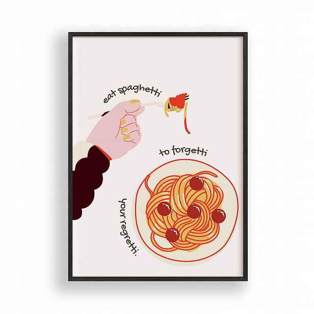 Obraz Eat Spaghetti Kuchyně Plakát Rámeček Dřevěný Černý 30x42 cm