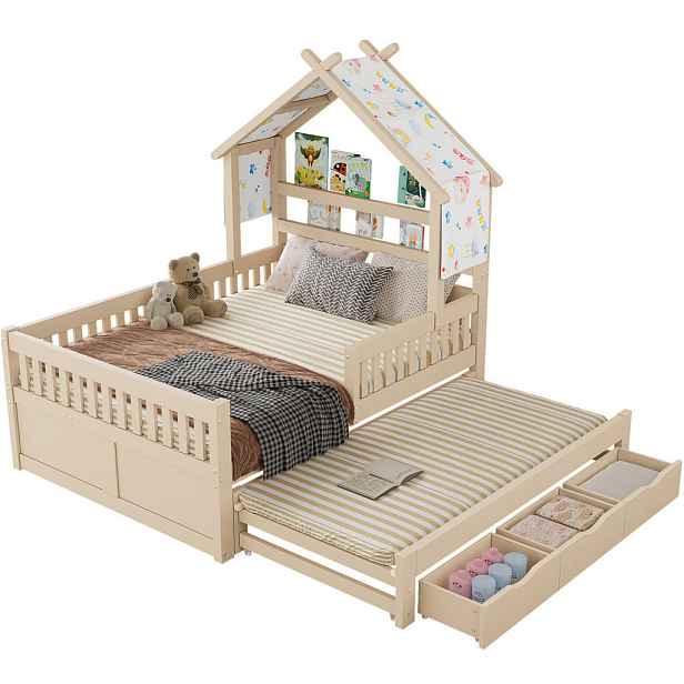 OKWISH DĚTSKÁ postel 140/200 cm krémová z MDF a borovice s výsuvným lůžkem a 3 zásuvkami