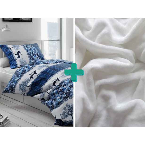 Povlečení mikroplyš VÁNOČNÍ SOBI modré + prostěradlo mikroplyš SOFT 90x200 cm bílé
