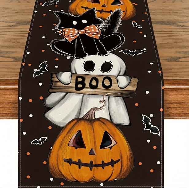 TEMU 1 kus běhounu na stůl, puntíkovaný duch dýně kočka Boo halloweenský běhoun na stůl, netopýr sezónní podzimní kuchyňská jídelní dekorace pro