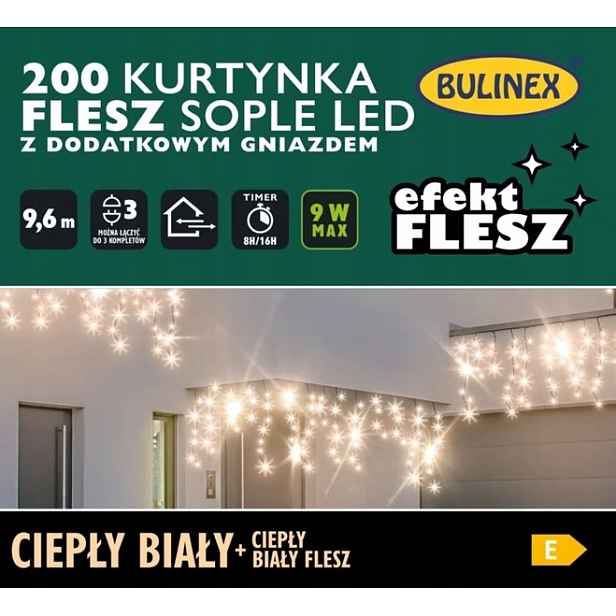 Vánoční osvětlení na stromeček Závěs rampouchy Bulinex 200 Led, bílá, teplá barva, 9,6 m