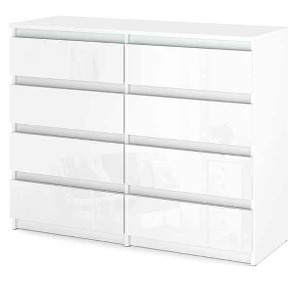 Komoda Bílá Lesklá S 8 Zásuvkami 120 CM, Skříňka Do Obývacího Pokoje