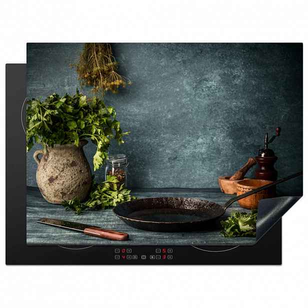 MuchoWow KRYT NA INDUKČNÍ DESKU Bylinky - Koření - Pánev - Nůž - Šedý - Rustikální 70x52 cm