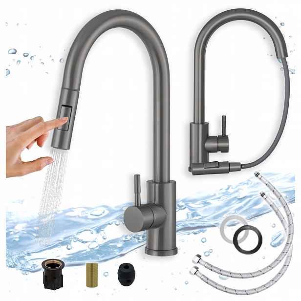 Kuchyňská Baterie Tora Gun Metal Výsuvný Flexibilní Ramínko Kuchyňský kohout