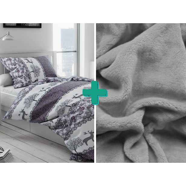 Povlečení mikroplyš VÁNOČNÍ SOBI šedé + prostěradlo mikroplyš SOFT 90x200 cm světle šedé