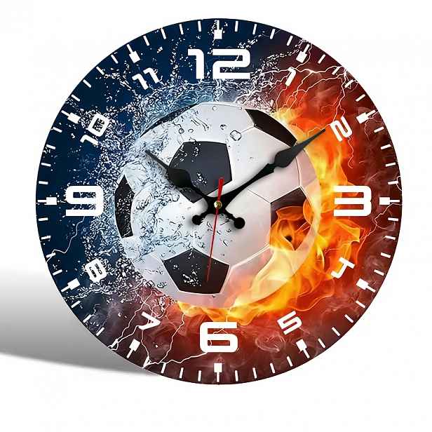 TEMU 10palcové/12palcové kulaté dřevěné nástěnné hodiny s a ohně a fotbalovým vzorem, kreativní design, tiché hodiny, vhodné pro domácí dekoraci
