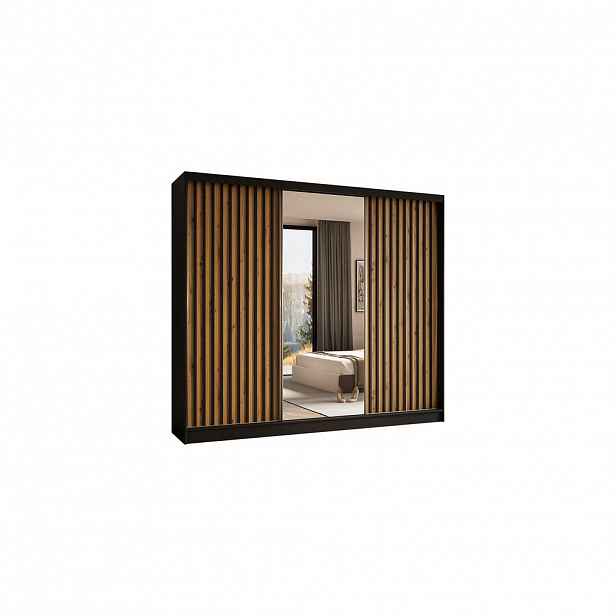 ALTDECOR ŠATNÍ SKŘÍŇ s zrcadlovými posuvnými dveřmi a hliníkovými lamelami – LAMELO – 240 cm černá+Artisan+černá