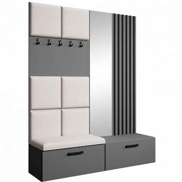 Beautysofa PŘEDSÍŇOVÁ sestava Margaret I+II 162/203/43 s čalouněnými panely / lamelami / zrcadlem, grafitová|černá