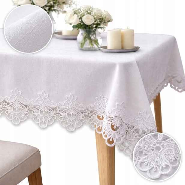 Bílý ubrus 160 x 300 cm odolný proti skvrnám s krajkou Gipiury Elegantní