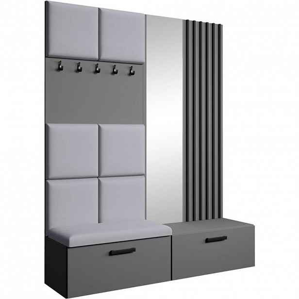 Beautysofa PŘEDSÍŇOVÁ sestava Margaret I+II 162/203/43 s čalouněnými panely / lamelami / zrcadlem, grafitová|černá