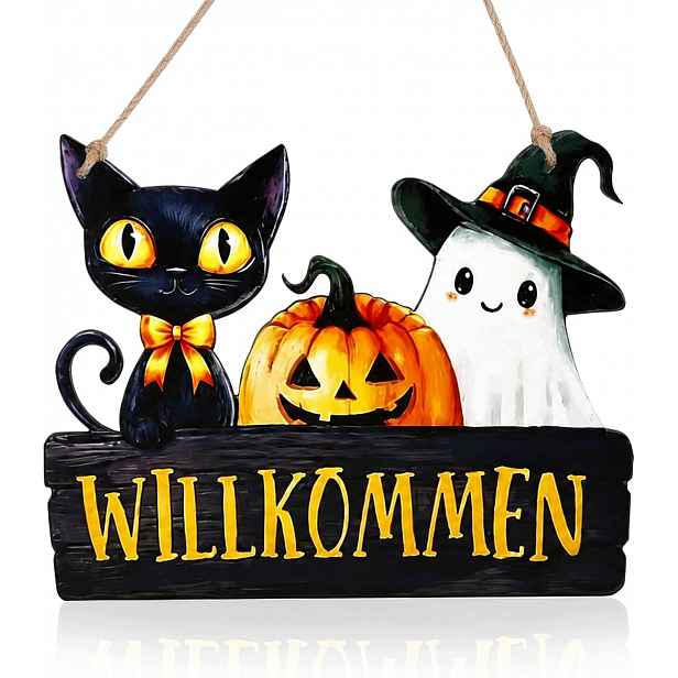 Halloweenská Cedulka Na Dveře Dřevěná 20X25 CM Kočka Duch Dýně
