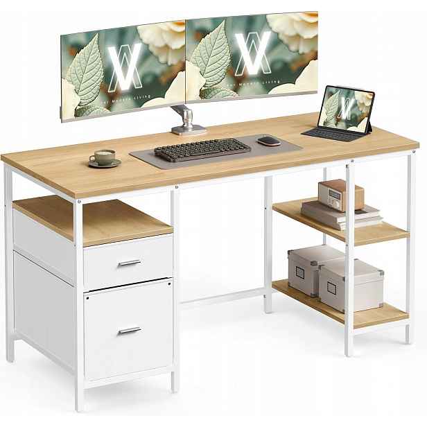 Vasagle Počítačový stůl se 3 policemi, 2 zásuvkami, 140 x 60 cm