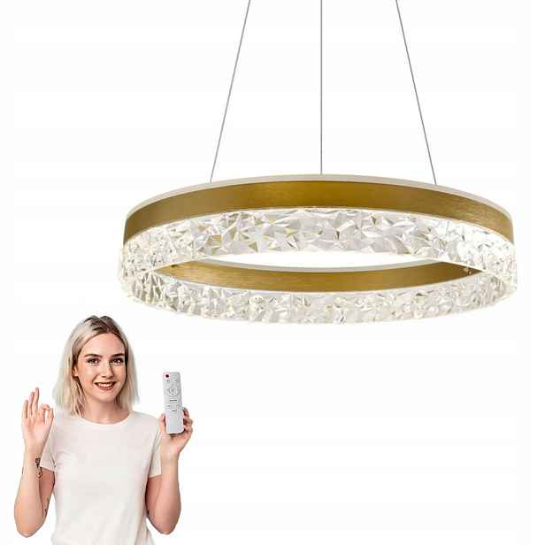 Závěsné Stropní Svítidlo Zlatá Kulatá Křišťálový Lustr Ring 50 CM Dálkový Ovladač