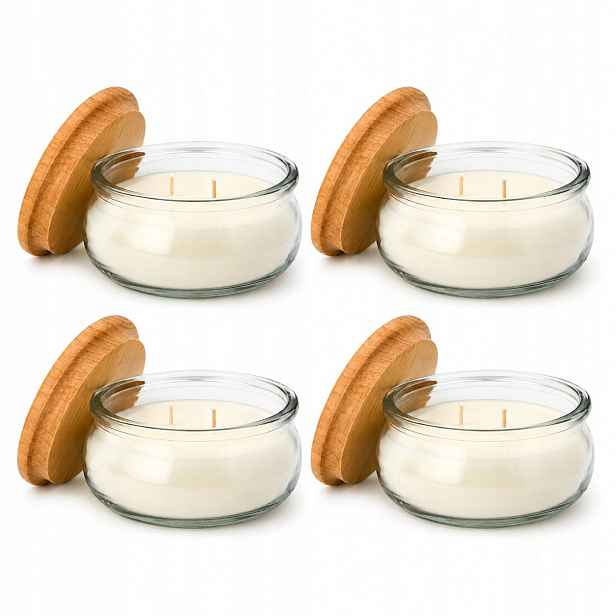 4x Vonné sójové svíčky s dřevěným víčkem, mix vůní 210 ml