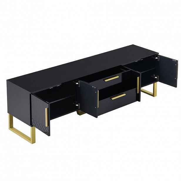 Redom TV stolek 170/40/53,5 cm s vysokým leskem, vyřezávanými dvířky, zlatými úchyty a nohami, Černá a zlatá