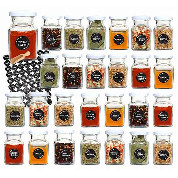 Sklenice na koření 150 ml x 27 ks s bílým uzávěrem, 90 štítků